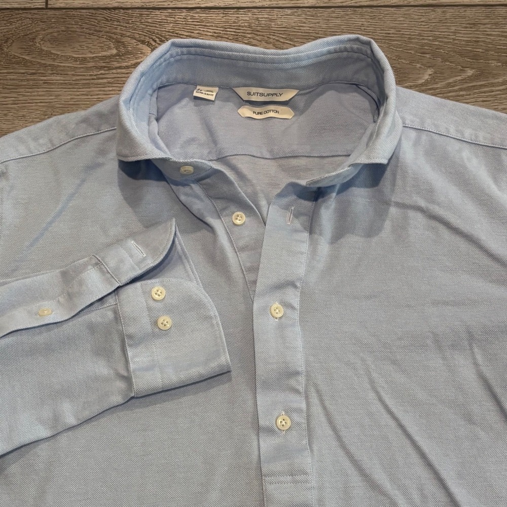 Suitsupply Popover Shirt Mens 17/43 Light Blue Extra Slim Fit Pure Cotton Pique